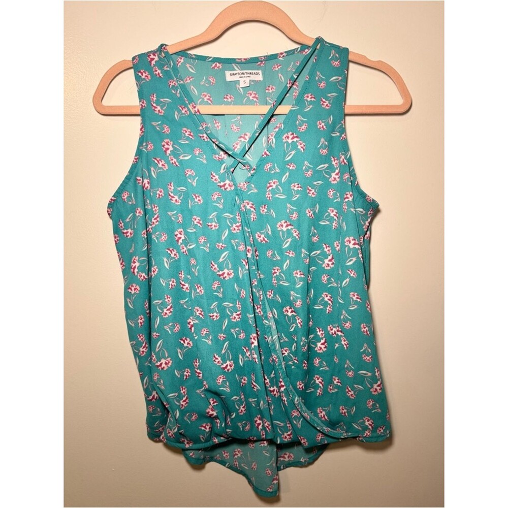 Grayson Threads Trendy Teal Criss Cross V-Neck Faux Wrap Sleeveless Blouse